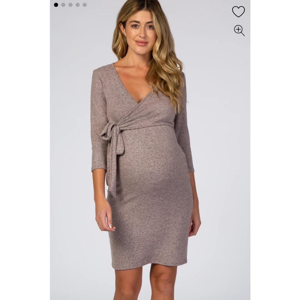 Pink Brushed Knit Wrap Fitted Maternity/Nursing Dress